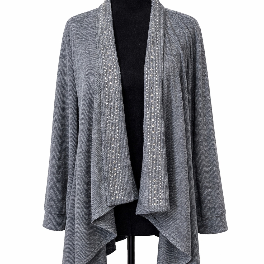 New York Laundry Cardigan M Gray Ribbed Rhinestone Embellished Drape 31.5"